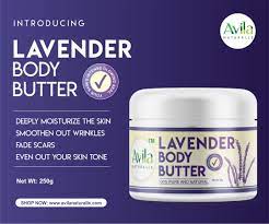 Lavender body butter with a purple background.