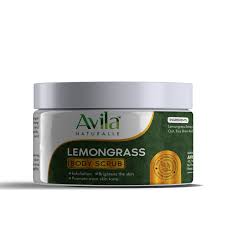 A container of avila lemongrass body scrub.