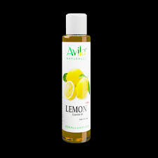 A bottle of avila lemon essential oil on a plain background.