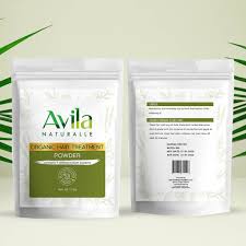 Two pouches of ayila naturals organic fruit treatment powder against a green and white background with plant leaves.