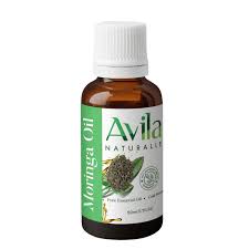 Bottle of avila moringa oil with branding and leaves graphic.