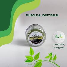 Jar of muscle and joint balm with natural ingredients on a background with leaves and a slogan.