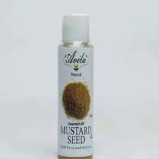 A bottle of avelia brand mustard seed essential oil against a neutral background.