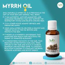 Bottle of myrrh oil with descriptions of its health benefits and uses.