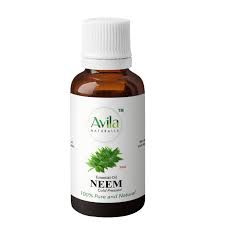 A bottle of avila neem oil with a label indicating it's 100% pure and natural.