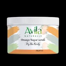 Container of avila naturalle orange sugar scrub for dry skin remedy, 250g.