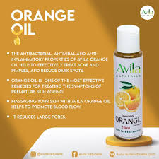 Product advertisement for avila orange oil, highlighting its benefits for skin treatment.