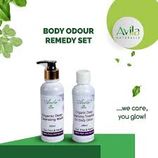 Two avila naturalle body odour remedy products on a green background with leaves and text highlighting their purpose.