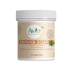 A container of avila naturalle papaya soap with branding and product information on the label.