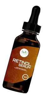 A bottle of retinol serum with an eyedropper, labeled "retinol serum" in a stylized font on a brown and orange gradient background.