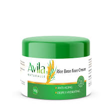 Container of avila rice bran face cream with anti-aging and deeply hydrating properties, isolated on a white background.