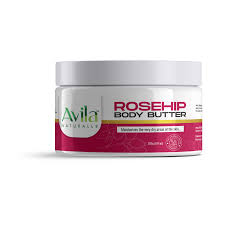 A jar of avila naturals rosehip body butter on a white background.