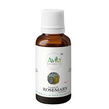 A bottle of avila naturals rosemary essential oil with a white label, displayed on a plain background.