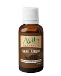 A small brown bottle labeled "avila naturals snail serum" with a white cap, isolated on a white background.