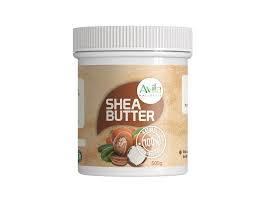 A jar of avila shea butter, labeled as 100% natural, weighing 500 grams, with an image of shea nuts on the front.