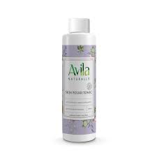 A bottle of avila skin nourish tonic on a white background, featuring lavender flowers on the label.