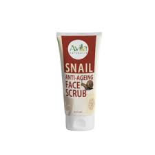 A tube of avila naturalle snail anti-ageing face scrub on a plain background.