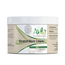 A container of avila naturals stretch mark cream with green accents and text detailing its natural ingredients.