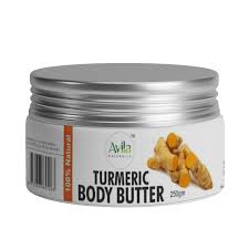 A jar of avila naturals turmeric body butter, 250g size, with an image of turmeric roots on the label.