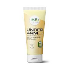 A tube of Avila Naturabelle Under Arm deodorant labeled as anti-fungi and anti-perspirant with a 24-hour protection claim, isolated on a white background.