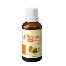 A small brown bottle labeled "Vitamin C Face-Moisturizing Serum" featuring images of kiwi, orange, and carrot on the label.