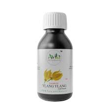 A small bottle of Avila Ylang Ylang essential oil with a white cap, labeled clearly in front of a plain background.