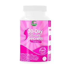 Product image of a bottle of "30-Day Beauty Secrets" dietary supplement by Futurebiotics, featuring a pink label and silhouette of a woman's profile.