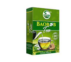 A box of Ranlan Baobab Tea featuring images of a baobab fruit and a cup of tea, against a green background.