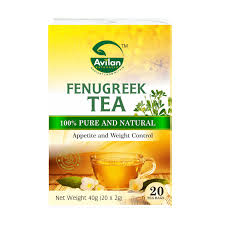 Package of Avilan Fenugreek Tea labeled as 100% pure and natural for appetite and weight control, showing a cup of tea and fenugreek seeds.