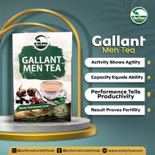 Advertisement for Gallant Men Tea featuring a package, a cup of tea, and bullet points about health benefits, set against a green and gold backdrop.