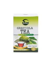 A box of Graviola Tea by Avilan, labeled as anti-cancer, featuring images of Graviola fruit and a cup of tea. Contains 20 tea bags.