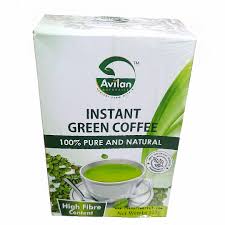 A box of Avilan Instant Green Coffee labeled "100% Pure and Natural" with high fibre content, featuring images of green coffee beans and a cup of coffee.