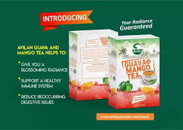 Image of Avilan Guava and Mango Tea packaging with a text list highlighting benefits: "blossoming radiance, healthy immune system support, and reduced digestive issues.