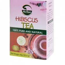 A box of Avilan brand hibiscus tea labeled "100% Pure and Natural." Contains 20 bags, net weight 40g (20 x 2g). Image shows a hibiscus flower and a cup of tea.