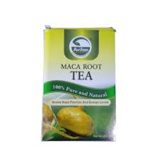 A box of Avilon Maca Root Tea, labeled as 100% Pure and Natural, with a green gradient background and an image of maca roots on the front.