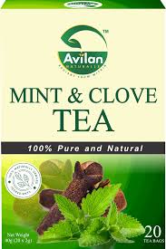 A box of Avilan Mint & Clove Tea, labeled "100% Pure and Natural", contains 20 tea bags. The image shows fresh mint leaves and cloves below the text. Net weight is 40g (1.5g x 20).