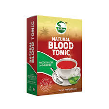 A box of Avalon Natural Blood Tonic, labeled as a blood builder and purifier, featuring an image of a cup of red liquid with a spoon and a green leaf garnish.