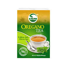 A box of Avilán brand Oregano Tea, featuring an image of a white teacup filled with tea, a spoon, and fresh oregano leaves. The box highlights "Caffeine Free" and "Gluten Free" attributes.