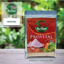 A 1kg package of Avilan Naturals Provital supplement. The packaging shows images of powder and vegetables. The text at the bottom reads "Radiant from Within.