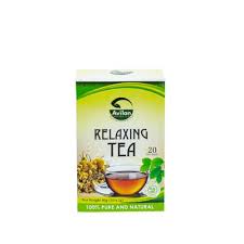 A rectangular box of Avilion Relaxing Tea, featuring a picture of a cup of tea with chamomile flowers and mint leaves. The box contains 20 tea bags and is labeled as "100% Pure and Natural.