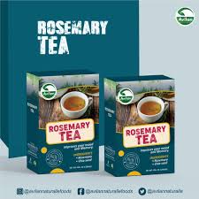 Two boxes of rosemary tea are displayed against a teal background. The packaging features a cup of tea and text stating health benefits. Social media handles are visible at the bottom.