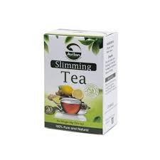 A box of Avalon Slimming Tea, featuring images of a cup of tea, ginger, and lemon on the front, with text stating "100% Pure and Natural" and "20 tea bags.