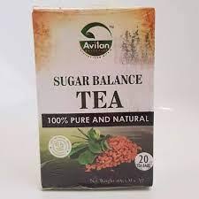 A box of Avilan Sugar Balance Tea with 20 tea bags. The packaging highlights "100% Pure and Natural" ingredients and displays an image of fresh herbs and seeds.