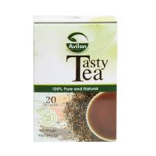 A box of Avilan Tasty Tea, 20 tea bags, labeled "100% Pure and Natural," with an image of tea leaves and a cup of brewed tea on the front.