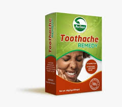 Box of "Avilan Toothache Remedy" with an image of a person holding their cheek in pain. The packaging is green and red with text indicating benefits and a dosage of 20g/20caps.