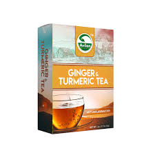 A box of Avalon Ginger and Turmeric Tea. The front of the box shows an image of a glass teacup filled with tea. The packaging is predominantly orange in color.