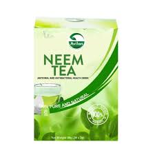 A box of Aviten Neem Tea, labeled as anti-fungal and anti-bacterial. The packaging is green and white, highlighting that the product is 100% natural and pure.