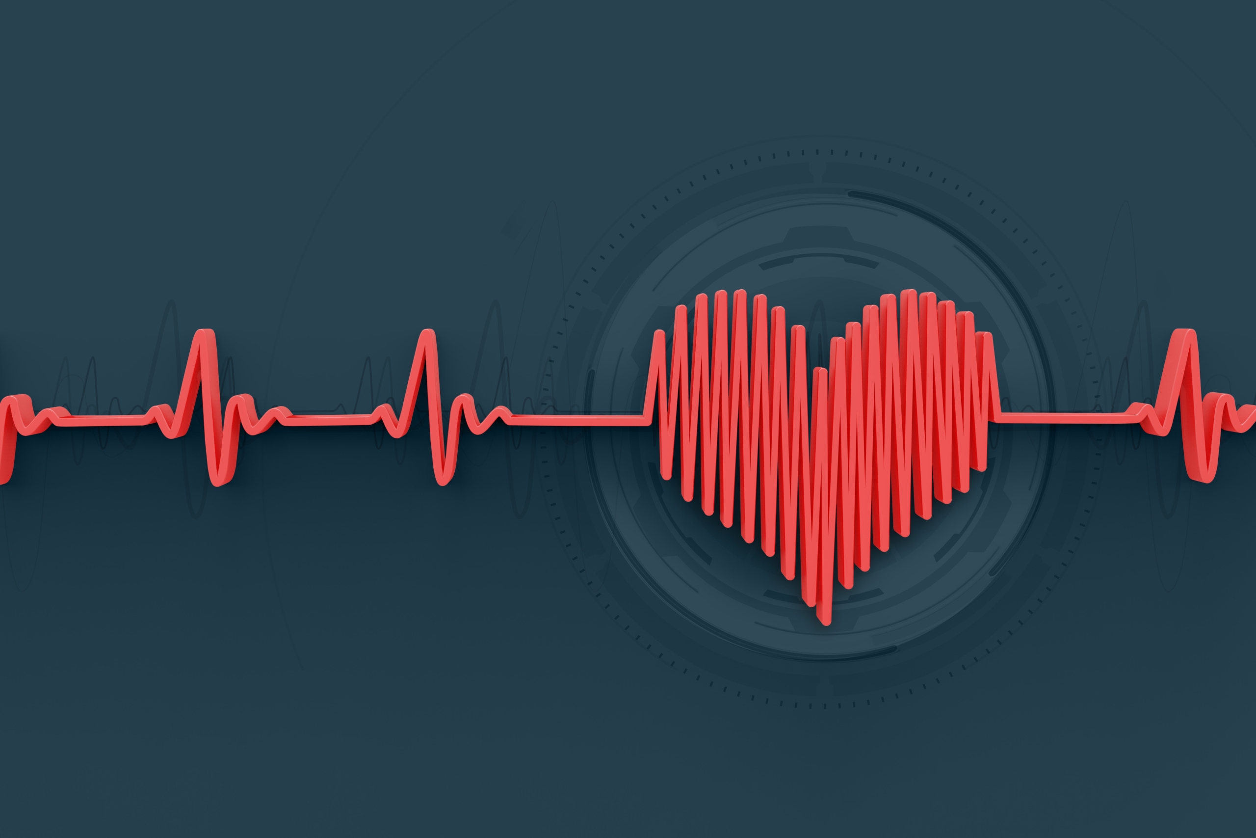 An electrocardiogram line forms the shape of a heart in the middle against a dark background.